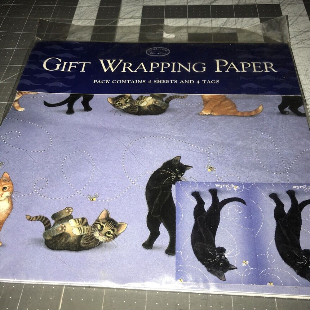 VTG Otter House Blue Cats Bee Happy Collection Gift Wrap Paper &Tags NOS - Picture 2 of 5